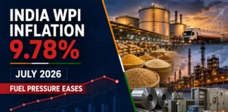 India wholesale inflation eases to 9.78% in July 2026 as fuel pressure moderates but food and manufacturing costs remain elevated