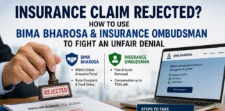 Insurance claim rejected guide showing IRDAI Bima Bharosa and Insurance Ombudsman complaint process