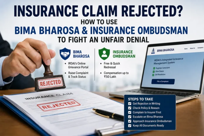 Insurance claim rejected guide showing IRDAI Bima Bharosa and Insurance Ombudsman complaint process