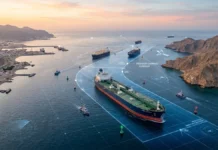 Iran-Oman Near Deal on New Hormuz Shipping Route; Strait Not Fully Reopening Yet Map showing the proposed new commercial shipping route through the Strait of Hormuz under the Iran-Oman maritime agreement.