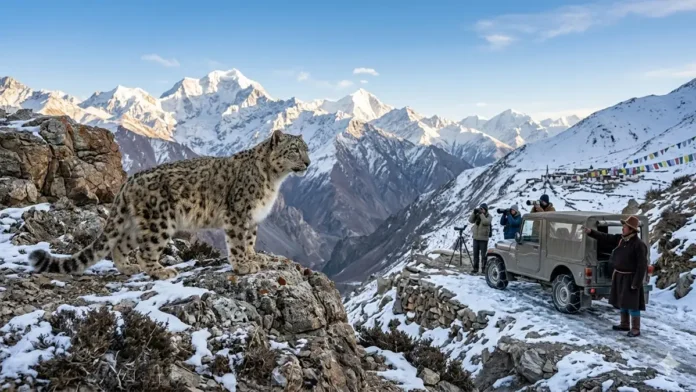 A snow leopard in the mountains of Ladakh as India prepares to launch its first guided high-altitude wildlife safari.