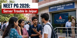NEET PG 2026 candidates outside Jaipur examination centre after reported server disruption