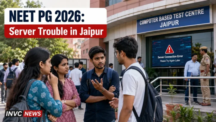 NEET PG 2026 Jaipur Server Issue and Candidate Protest NEET PG 2026 candidates outside Jaipur examination centre after reported server disruption