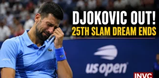 Novak Djokovic during his five-set first-round defeat to Mariano Navone at US Open 2026