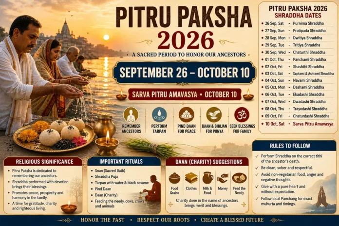 Pitru Paksha 2026 – Shraddha Dates and Sarva Pitru Amavasya Pitru Paksha 2026 dates from September 26 to October 10 with Shraddha, Tarpan, Pind Daan and Sarva Pitru Amavasya rituals