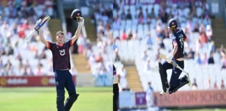Rocky Flintoff celebrates his century for Lancashire against Somerset in the One-Day Cup