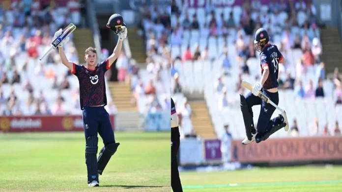 Rocky Flintoff celebrates his century for Lancashire against Somerset in the One-Day Cup