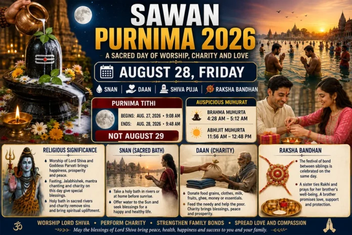 Sawan Purnima 2026 – Date, Snan-Daan Muhurat and Religious Significance Sawan Purnima 2026 on August 28 featuring Lord Shiva worship, Jalabhishek, sacred bathing, donation and Raksha Bandhan traditions