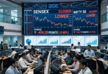 Sensex Falls 456 Points, Nifty Ends Lower as New Closing Auction Session Reshapes Market Close Sensex trading screen showing a 456-point decline during India's closing auction session.