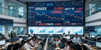 Sensex trading screen showing a 456-point decline during India's closing auction session.