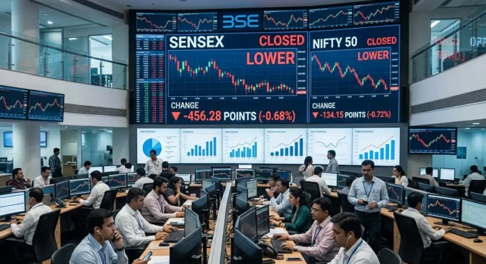 Sensex Falls 456 Points as Indian Stock Market Ends Lower Sensex trading screen showing a 456-point decline during India's closing auction session.