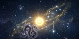 Illustration of the Sun and Ketu forming a rare conjunction in the Leo zodiac sign.