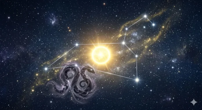 Sun Ketu Conjunction 2026 in Leo Illustration of the Sun and Ketu forming a rare conjunction in the Leo zodiac sign.