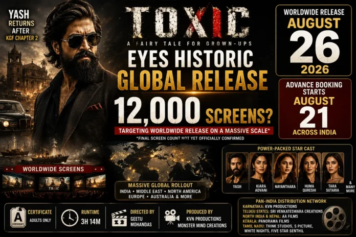 Toxic Movie Release 2026 – Yash Eyes Massive Global Opening Toxic Movie Release 2026 featuring Yash as the film targets around 12,000 screens worldwide and opens advance booking on August 21
