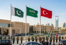 Turkey, Saudi Arabia, and Pakistan Set to Sign Joint Defense Pact, Fueling ‘Islamic NATO’ Speculation Flags of Turkey, Saudi Arabia, and Pakistan displayed alongside military personnel ahead of a proposed joint defense agreement.