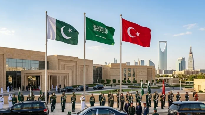 Turkey, Saudi Arabia, and Pakistan Prepare to Sign Joint Defense Pact Flags of Turkey, Saudi Arabia, and Pakistan displayed alongside military personnel ahead of a proposed joint defense agreement.
