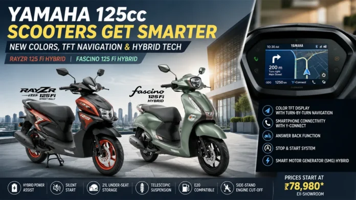 Yamaha RayZR 125 and Fascino 125 New Colors and TFT Features Yamaha RayZR 125 and Fascino 125 Fi Hybrid scooters with new colors and TFT navigation features in India