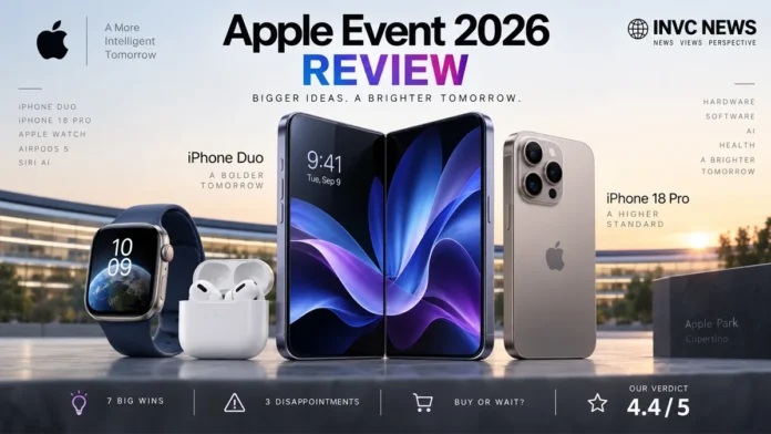 Apple Event 2026 Review – INVC NEWS Verdict Apple Event 2026 Review featuring iPhone Duo, iPhone 18 Pro and INVC NEWS 4.4 out of 5 rating