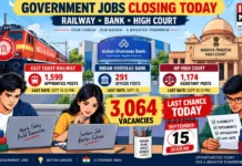 Government Jobs Closing Today: Railway, Bank, High Court Offer 3,000+ Vacancies — Apply Before September 15 Deadline