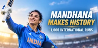 Smriti Mandhana celebrates 11,000 international runs during Asian Games 2026 cricket final
