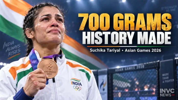Suchika Tariyal Asian Games 2026 MMA Bronze Caption: Editorial illustration for Suchika Tariyal’s historic Asian Games 2026 MMA bronze, where a 700-gram weight difference decided the semifinal tiebreak. Suchika Tariyal Asian Games 2026 MMA bronze after 700-gram semifinal tiebreak