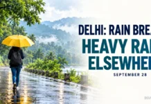 Weather Today, September 28, 2026: Delhi Gets Rain Break; Heavy Showers Likely in Uttarakhand and Karnataka Representative illustration of a person with a yellow umbrella on a rain-soaked road for India’s September 28 weather outlook.