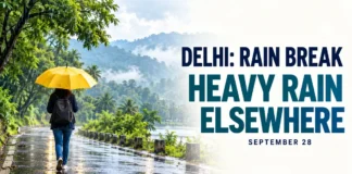 Representative illustration of a person with a yellow umbrella on a rain-soaked road for India’s September 28 weather outlook.