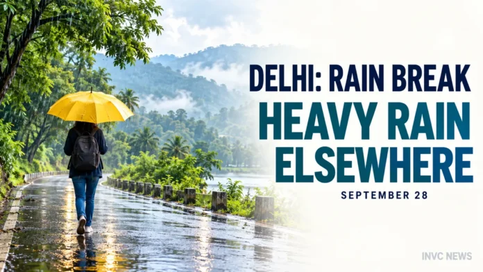 weather-today-september-28-2026 Representative illustration of a person with a yellow umbrella on a rain-soaked road for India’s September 28 weather outlook.