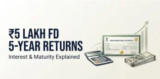 A ₹5 lakh FD at an illustrative 7% annual rate could grow to approximately ₹7.07 lakh in five years before tax, assuming quarterly compounding.