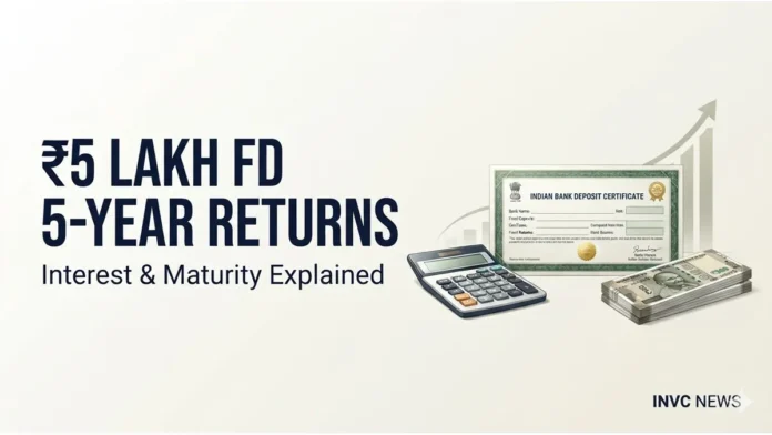 A ₹5 lakh FD at an illustrative 7% annual rate could grow to approximately ₹7.07 lakh in five years before tax, assuming quarterly compounding. A ₹5 lakh FD at an illustrative 7% annual rate could grow to approximately ₹7.07 lakh in five years before tax, assuming quarterly compounding.