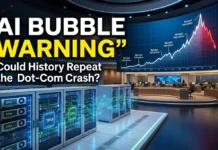 AI Bubble Warning: Could History Repeat the Dot-Com Crash? What the IMF Says Artificial intelligence technology imagery alongside falling stock market charts, illustrating IMF concerns about AI valuations and global financial stability.
