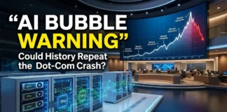 Artificial intelligence technology imagery alongside falling stock market charts, illustrating IMF concerns about AI valuations and global financial stability.