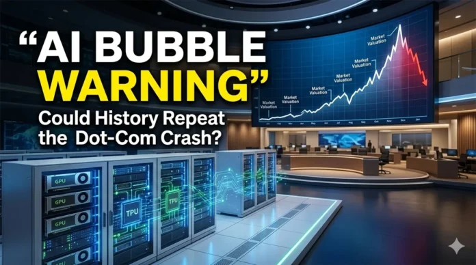 Artificial intelligence technology imagery alongside falling stock market charts, illustrating IMF concerns about AI valuations and global financial stability.