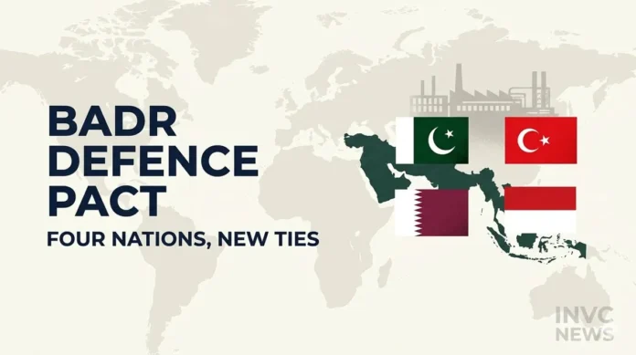 Badr Defence Pact: Pakistan, Turkey, Qatar and Indonesia sign a defence industry cooperation agreement in Doha, opening new avenues for joint manufacturing, training and research. Badr Defence Pact: Pakistan, Turkey, Qatar and Indonesia sign a defence industry cooperation agreement in Doha, opening new avenues for joint manufacturing, training and research.