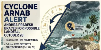 The IMD forecasts a possible cyclone crossing near Andhra Pradesh on October 28, prompting heavy-rain precautions and school closures in five Odisha districts.
