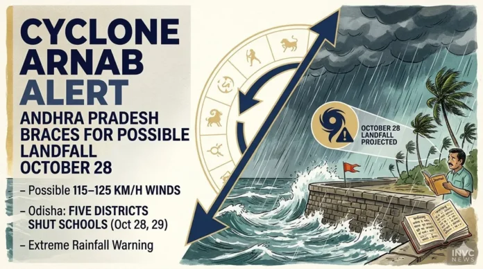 The IMD forecasts a possible cyclone crossing near Andhra Pradesh on October 28, prompting heavy-rain precautions and school closures in five Odisha districts.