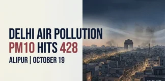 PM10 at Delhi's Alipur monitoring station reached a reported 428 micrograms per cubic meter around 9 p.m. on October 19, according to the supplied CPCB data report.