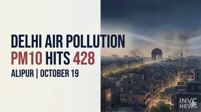PM10 at Delhi's Alipur monitoring station reached a reported 428 micrograms per cubic meter around 9 p.m. on October 19, according to the supplied CPCB data report. PM10 at Delhi's Alipur monitoring station reached a reported 428 micrograms per cubic meter around 9 p.m. on October 19, according to the supplied CPCB data report.