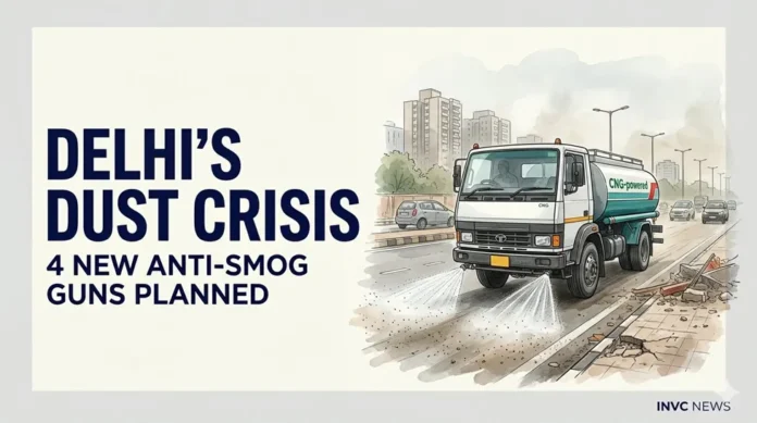Delhi’s pollution-control efforts face questions over road dust and construction debris as the PWD plans four additional CNG-powered anti-smog guns for eastern Delhi. Delhi’s pollution-control efforts face questions over road dust and construction debris as the PWD plans four additional CNG-powered anti-smog guns for eastern Delhi.