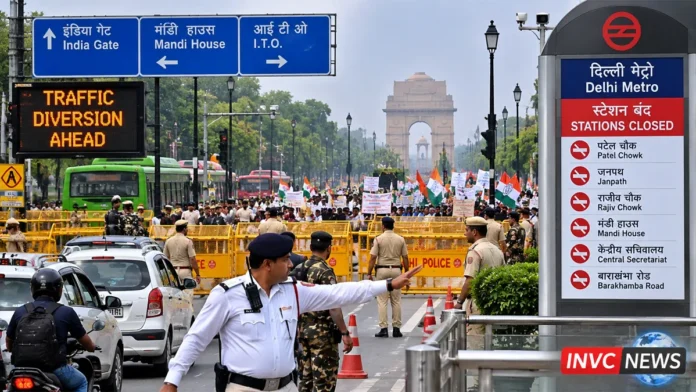Delhi Police prepare traffic and security arrangements around central Delhi amid a planned INDIA bloc march.