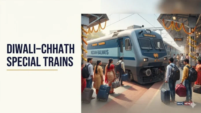 Indian Railways has announced additional special train services for the Diwali and Chhath travel rush, connecting major cities across several states.