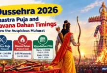 Dussehra 2026: Shastra Puja is scheduled during Vijay Muhurat from 1:59 PM to 2:45 PM, while Ravana Dahan traditionally takes place during Pradosh Kaal, beginning at 5:47 PM, according to the supplied Panchang details.