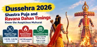 Dussehra 2026: Shastra Puja is scheduled during Vijay Muhurat from 1:59 PM to 2:45 PM, while Ravana Dahan traditionally takes place during Pradosh Kaal, beginning at 5:47 PM, according to the supplied Panchang details.