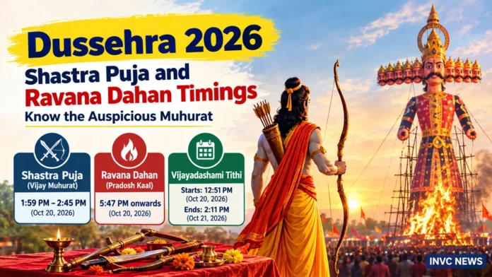 Dussehra 2026: Shastra Puja is scheduled during Vijay Muhurat from 1:59 PM to 2:45 PM, while Ravana Dahan traditionally takes place during Pradosh Kaal, beginning at 5:47 PM, according to the supplied Panchang details.