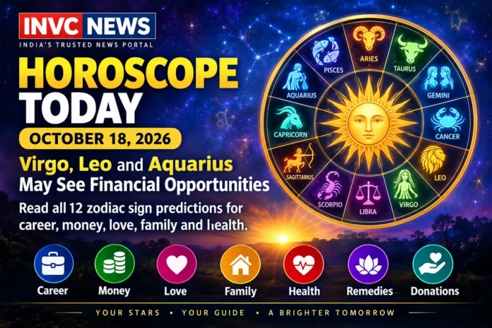 Horoscope Today, October 18, 2026: Read predictions for all 12 zodiac signs, including money, career, love, health, remedies and donations. Horoscope Today, October 18, 2026: Read predictions for all 12 zodiac signs, including money, career, love, health, remedies and donations.