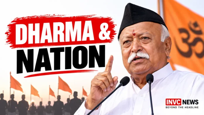 RSS chief Mohan Bhagwat linked dharma with national strength during an address in Mumbai and highlighted India’s spiritual knowledge traditions. RSS chief Mohan Bhagwat linked dharma with national strength during an address in Mumbai and highlighted India’s spiritual knowledge traditions.
