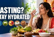 Fasting for Navratri? Five Signs You May Need More Water—and When to Get Help An adult drinking water beside a simple plate of fruit during Navratri.