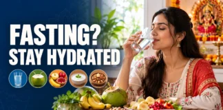 An adult drinking water beside a simple plate of fruit during Navratri.