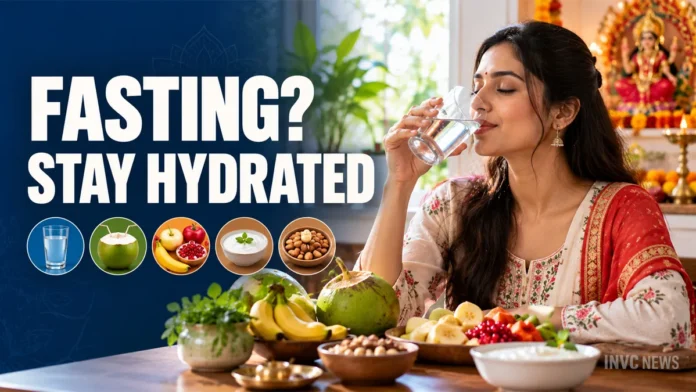 An adult drinking water beside a simple plate of fruit during Navratri.