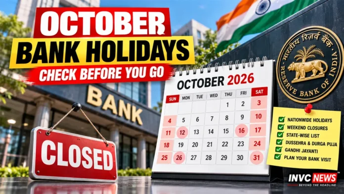 October Bank Holidays 2026 in India with state-wise bank branch closure dates